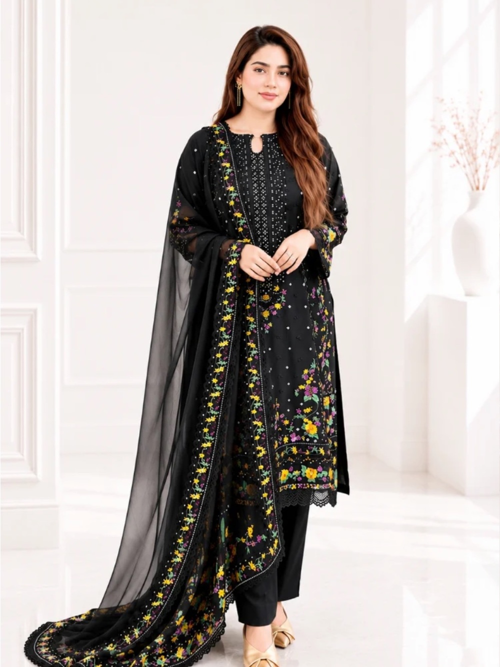 Pakistani Black Floral Embroidered Lawn Suit